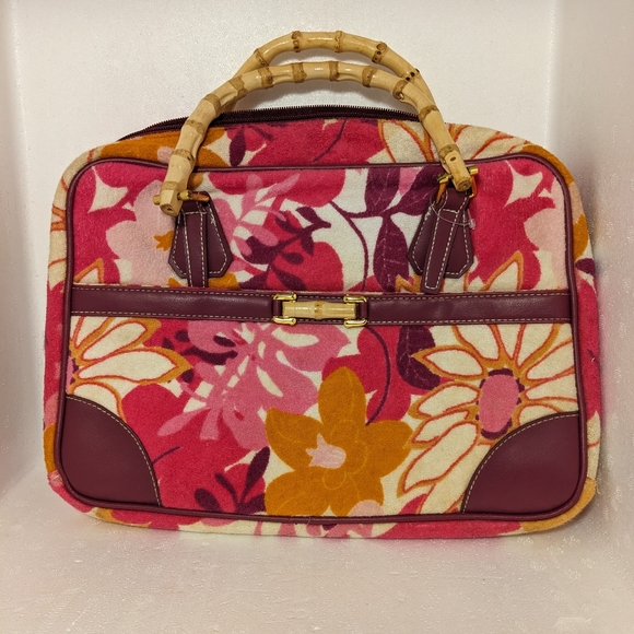 Vintage Handbags - Vintage Terry Cloth Bag with Bamboo Handles
